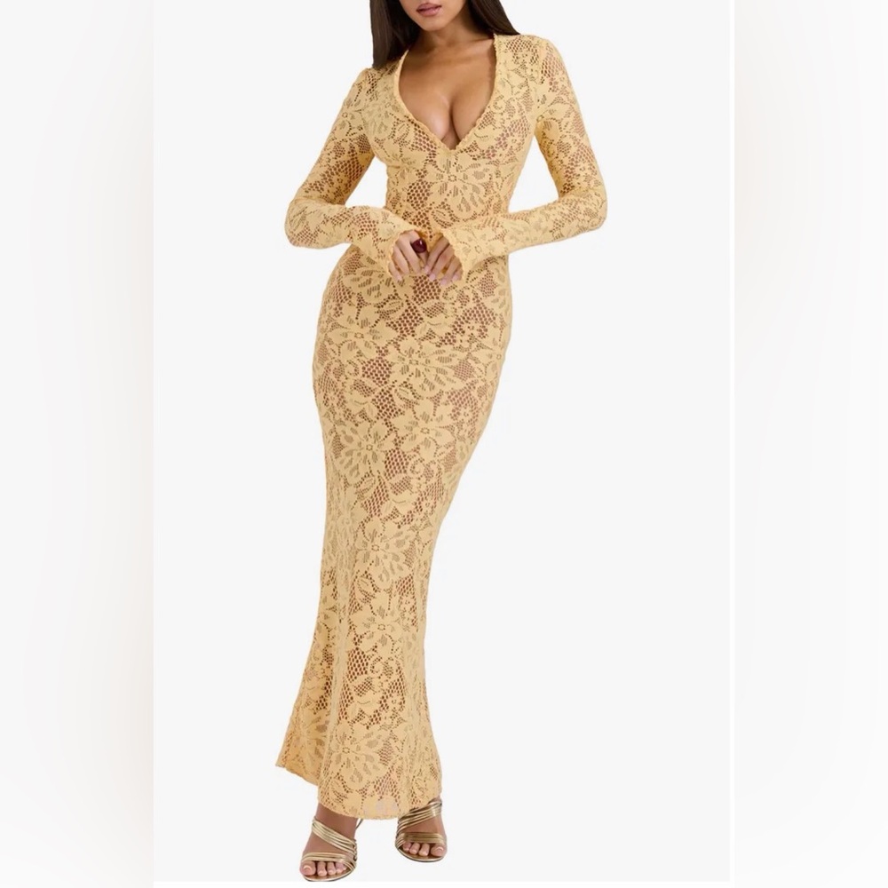 House of CB Indiana long sleeve lace maxi dress 
Yellow Lace Long Sleeve Dress